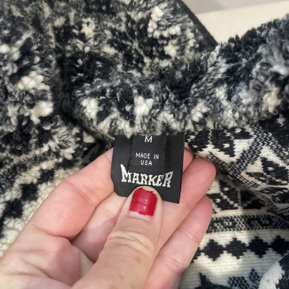Marker Women M Alpaca Fleese Jacket Coat Black Cream Collar Boxy Cozy Boho Aztec - Picture 8 of 8